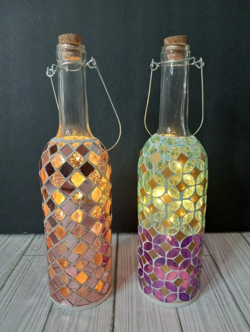 Handcrafted Mosaic Glass Bottle Lantern Fairy Light Set - Pink and Teal
